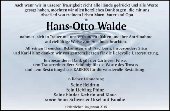 Traueranzeige von Hans-Otto Walde von WVG - Wochenspiegel Quedlinburg