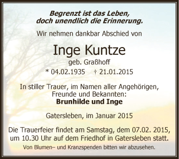 Traueranzeige von Inge Kuntze von Super Sonntag Aschersleben