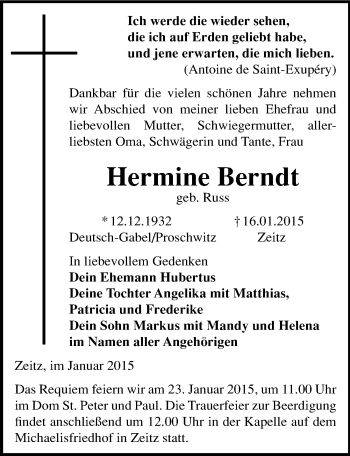 Traueranzeige von Hermine Berndt von Mitteldeutsche Zeitung Zeitz