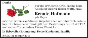 Traueranzeige von Renate Hofmann von Mitteldeutsche Zeitung Zeitz