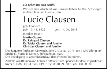 Traueranzeige von Lucie Clausen von Mitteldeutsche Zeitung Köthen