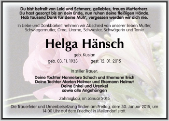 Traueranzeige von Helga Hänsch von Mitteldeutsche Zeitung Köthen