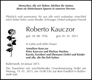 Traueranzeige von Roberto Kauczor von Mitteldeutsche Zeitung Quedlinburg