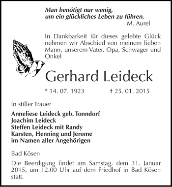 Traueranzeige von Gerhard Leideck von Mitteldeutsche Zeitung Naumburg/Nebra