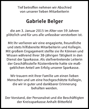 Traueranzeige von Gabriele Belger von Super Sonntag Dessau / Köthen