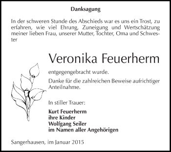 Traueranzeige von Veronika Feuerherm von Super Sonntag SGH Mansf. Land