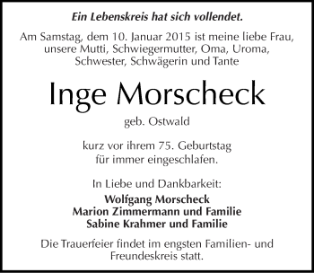 Traueranzeige von Inge Morscheck von Mitteldeutsche Zeitung Köthen