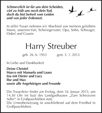 Traueranzeige von Harry Streuber von WVG - Wochenspiegel Dessau / Köthen