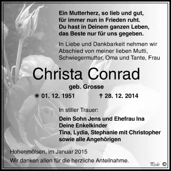 Traueranzeige von Christa Conrad von WVG - Wochenspiegel NMB / WSF / ZTZ