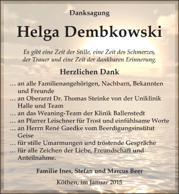 Traueranzeige von Helga Dembkowski von Mitteldeutsche Zeitung Köthen