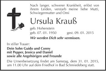 Traueranzeige von Ursula Krauß von WVG - Wochenspiegel Wittenberg