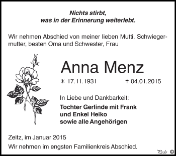 Traueranzeige von Anna Menz von Super Sonntag Zeitz