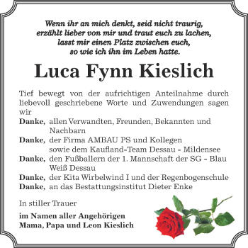 Traueranzeige von Luca Fynn Kieslich von WVG - Wochenspiegel Dessau / Köthen