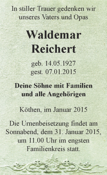 Traueranzeige von Waldemar Reichert von WVG - Wochenspiegel Dessau / Köthen