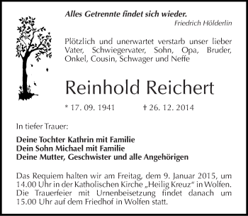 Traueranzeige von Reinhold Reichert von Mitteldeutsche Zeitung Bitterfeld