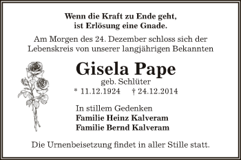 Traueranzeige von Gisela Pape von WVG - Wochenspiegel Dessau / Köthen
