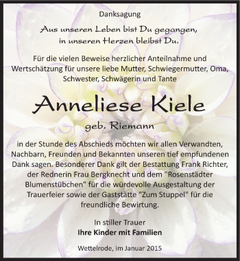 Traueranzeige von Anneliese Kiele von Mitteldeutsche Zeitung Sangerhausen