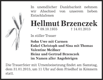 Traueranzeige von Hellmut Brzenczek von Super Sonntag Bernburg