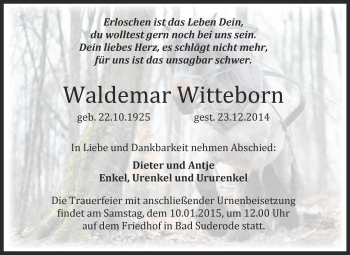 Traueranzeige von Waldemar Witteborn von WVG - Wochenspiegel Quedlinburg