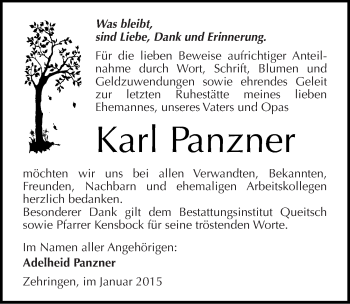 Traueranzeige von Karl Panzner von Mitteldeutsche Zeitung Köthen