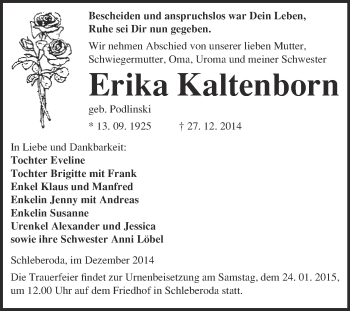 Traueranzeige von Erika Kaltenborn von WVG - Wochenspiegel NMB / WSF / ZTZ