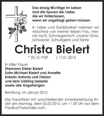 Traueranzeige von Christa Bielert von Super Sonntag Bernburg