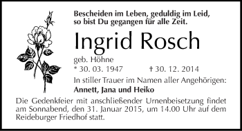Traueranzeige von Ingrid Rosch von Mitteldeutsche Zeitung Halle/Saalkreis