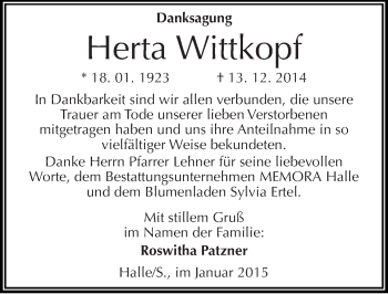 Traueranzeige von Herta Wittkopf von Mitteldeutsche Zeitung Halle/Saalkreis