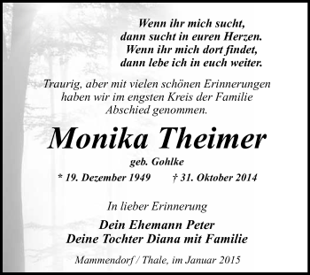 Traueranzeige von Monika Theimer von WVG - Wochenspiegel Quedlinburg