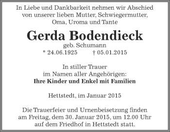 Traueranzeige von Gerda Bodendieck von Wochenspiegel Mansfelder Land