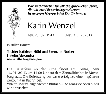 Traueranzeige von Karin Wenzel von WVG - Wochenspiegel Merseburg