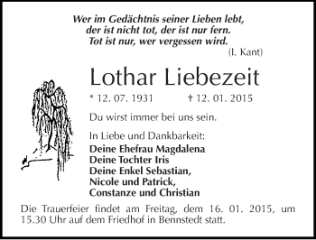 Traueranzeige von Lothar Liebezeit von Mitteldeutsche Zeitung Halle/Saalkreis