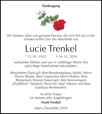 Traueranzeige von Lucie Trenkel von WVG - Wochenspiegel SGH