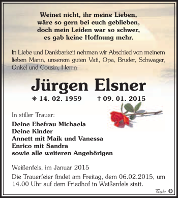 Traueranzeige von Jürgen Elsner von WVG - Wochenspiegel NMB / WSF / ZTZ