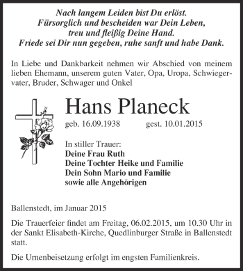 Traueranzeige von Hans Planeck von WVG - Wochenspiegel Quedlinburg