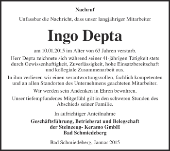 Traueranzeige von Ingo Depta von WVG - Wochenspiegel Wittenberg