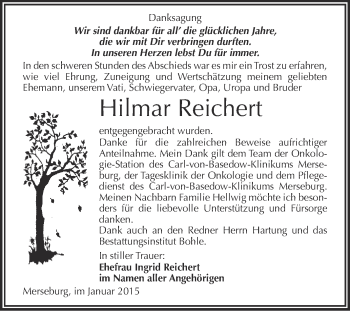 Traueranzeige von Hilmar Reichert von WVG - Wochenspiegel Merseburg