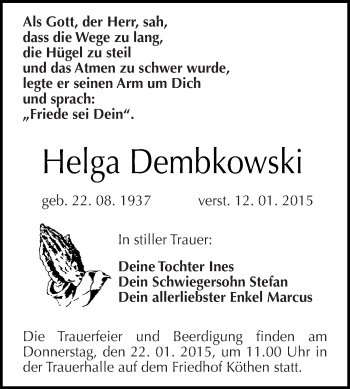 Traueranzeige von Helga Dembkowski von WVG - Wochenspiegel Dessau / Köthen