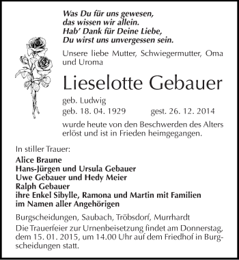 Traueranzeige von Lieselotte Gebauer von Mitteldeutsche Zeitung Naumburg/Nebra