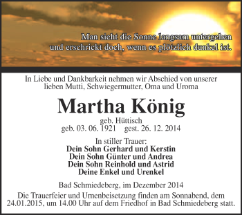 Traueranzeige von Martha König von WVG - Wochenspiegel Wittenberg