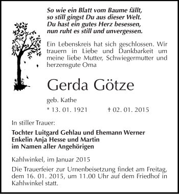 Traueranzeige von Gerda Götze von Mitteldeutsche Zeitung Naumburg/Nebra