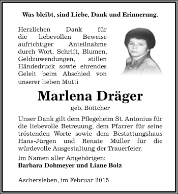 Traueranzeige von Marlena Dräger von Mitteldeutsche Zeitung Aschersleben