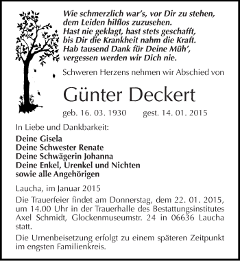 Traueranzeige von Günter Deckert von Mitteldeutsche Zeitung Naumburg/Nebra