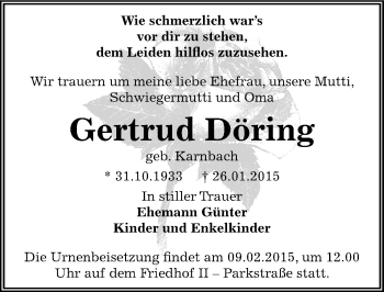 Traueranzeige von Gertrud Döring von Mitteldeutsche Zeitung Bernburg