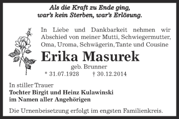 Traueranzeige von Erika Masurek von Super Sonntag Bernburg