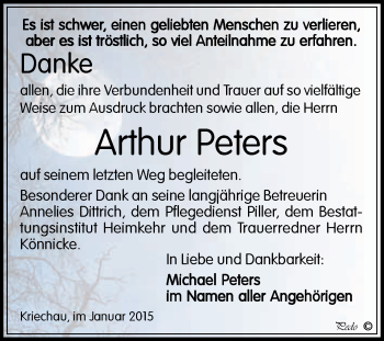 Traueranzeige von Arthur Peters von WVG - Wochenspiegel NMB / WSF / ZTZ