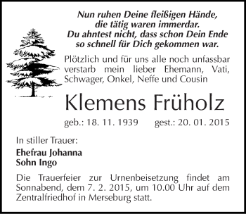 Traueranzeige von Klemens Früholz von Mitteldeutsche Zeitung Merseburg/Querfurt