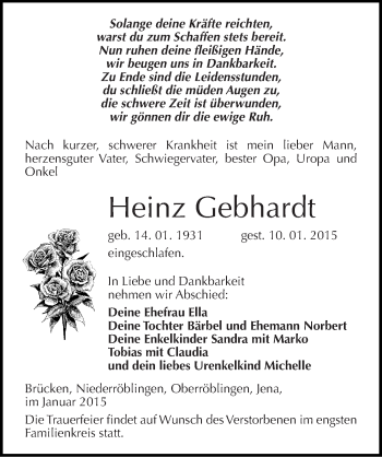 Traueranzeige von Heinz Gebhardt von Mitteldeutsche Zeitung Sangerhausen