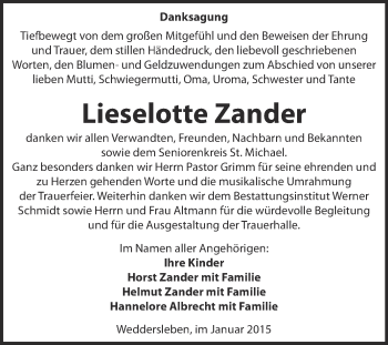 Traueranzeige von Lieselotte Zander von WVG - Wochenspiegel Quedlinburg