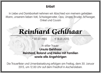 Traueranzeige von Reinhard Gehlhaar von Super Sonntag Aschersleben
